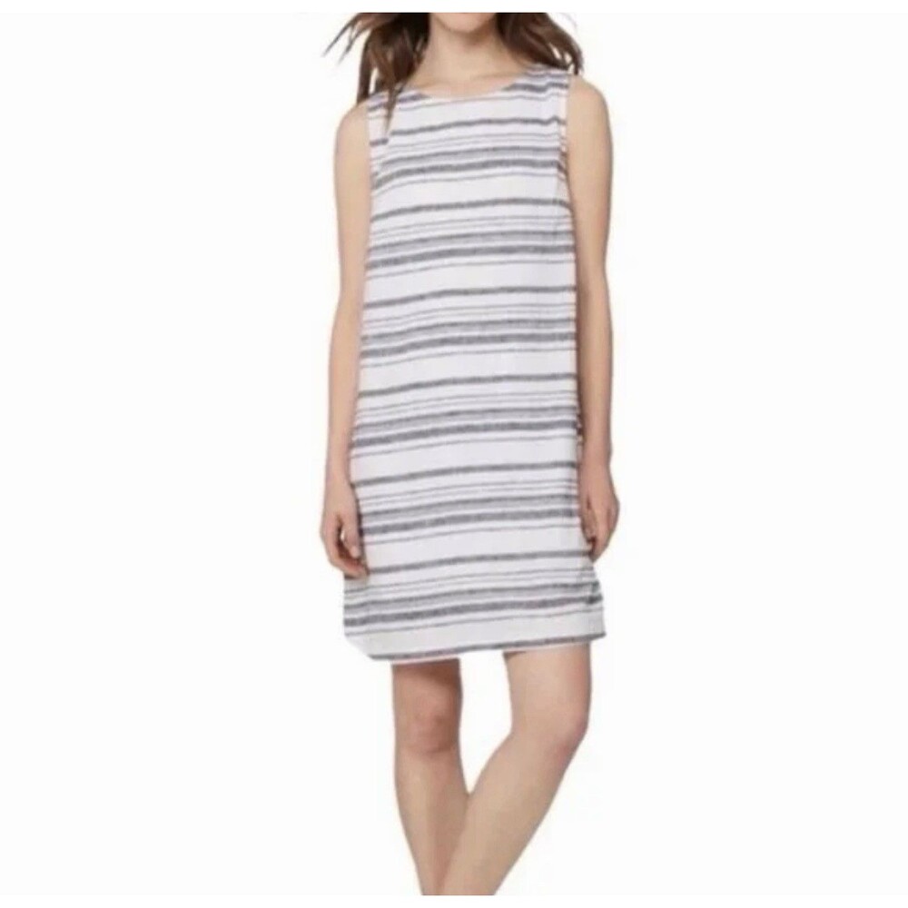 BeachLunchLounge LINEN Blend Striped Shift Dress Lined Size L* Coastal Nautical